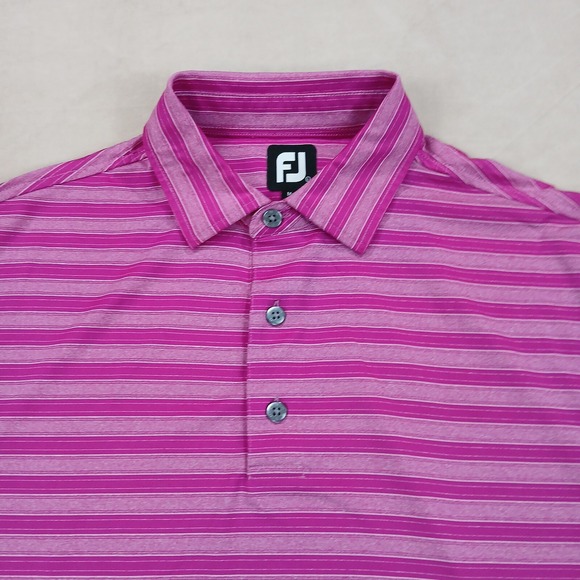 Footjoy Large Mens Polo Shirt Golf Striped 24x30 Fits XL Magenta Has Defect - Picture 3 of 12